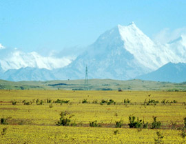 Snow capped mountains.